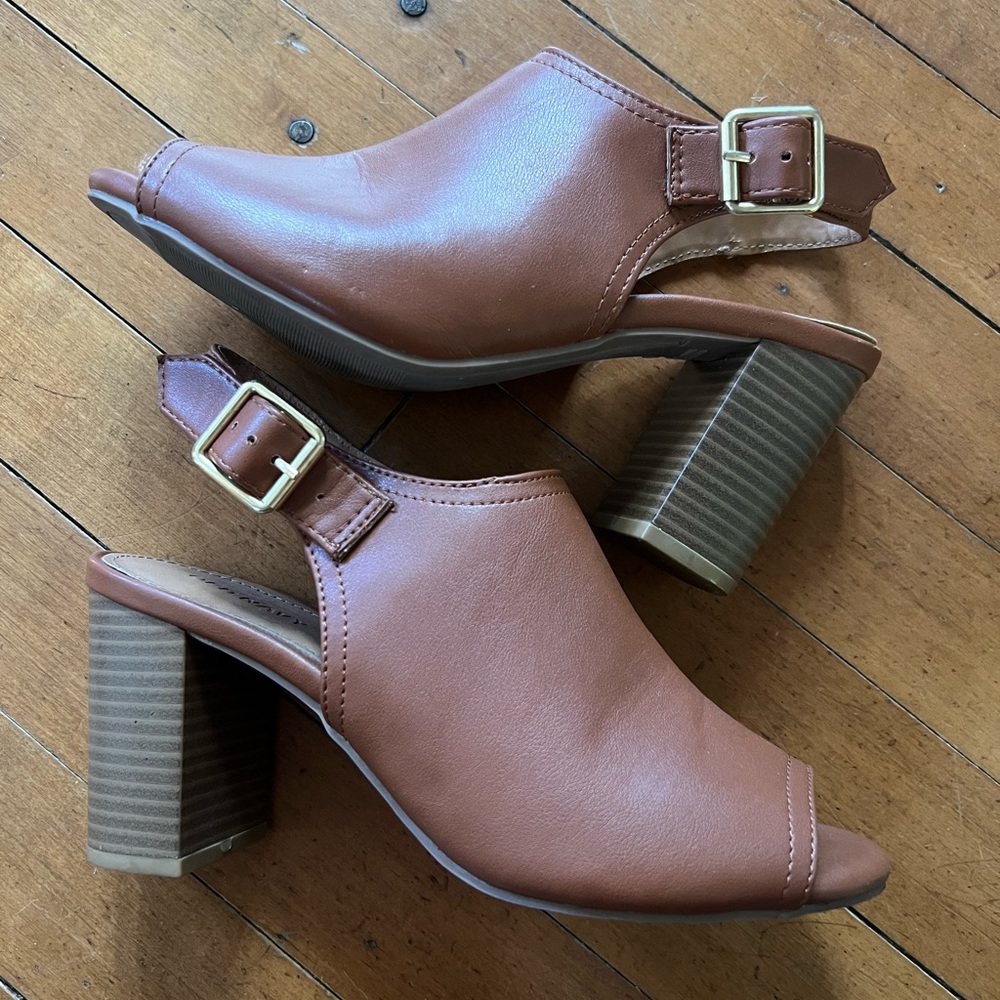 Brown open toe heels